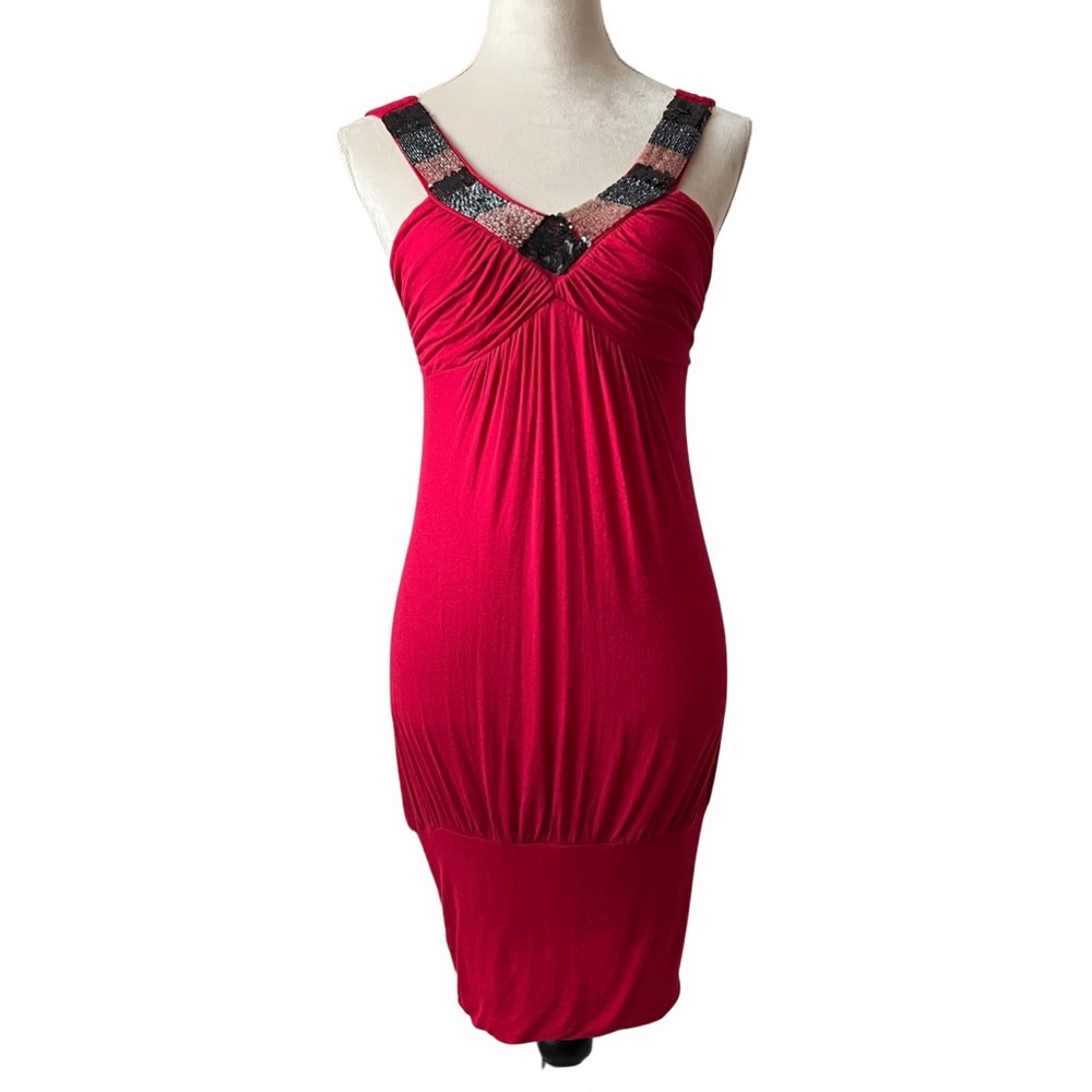 Bui Yah Kah Red Beaded V-neck Bodycon Pencil Dress with Square Back for Women